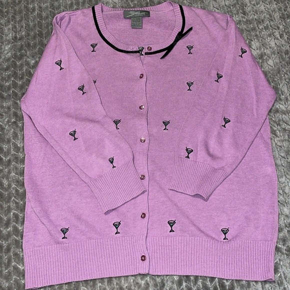 SML Design 3/4 Sleeve Button Down Sweater with Martini Glass Embroidered Design. - Picture 3 of 10